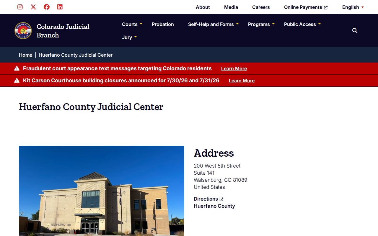 Huerfano County criminal court case Judicial Center contact page