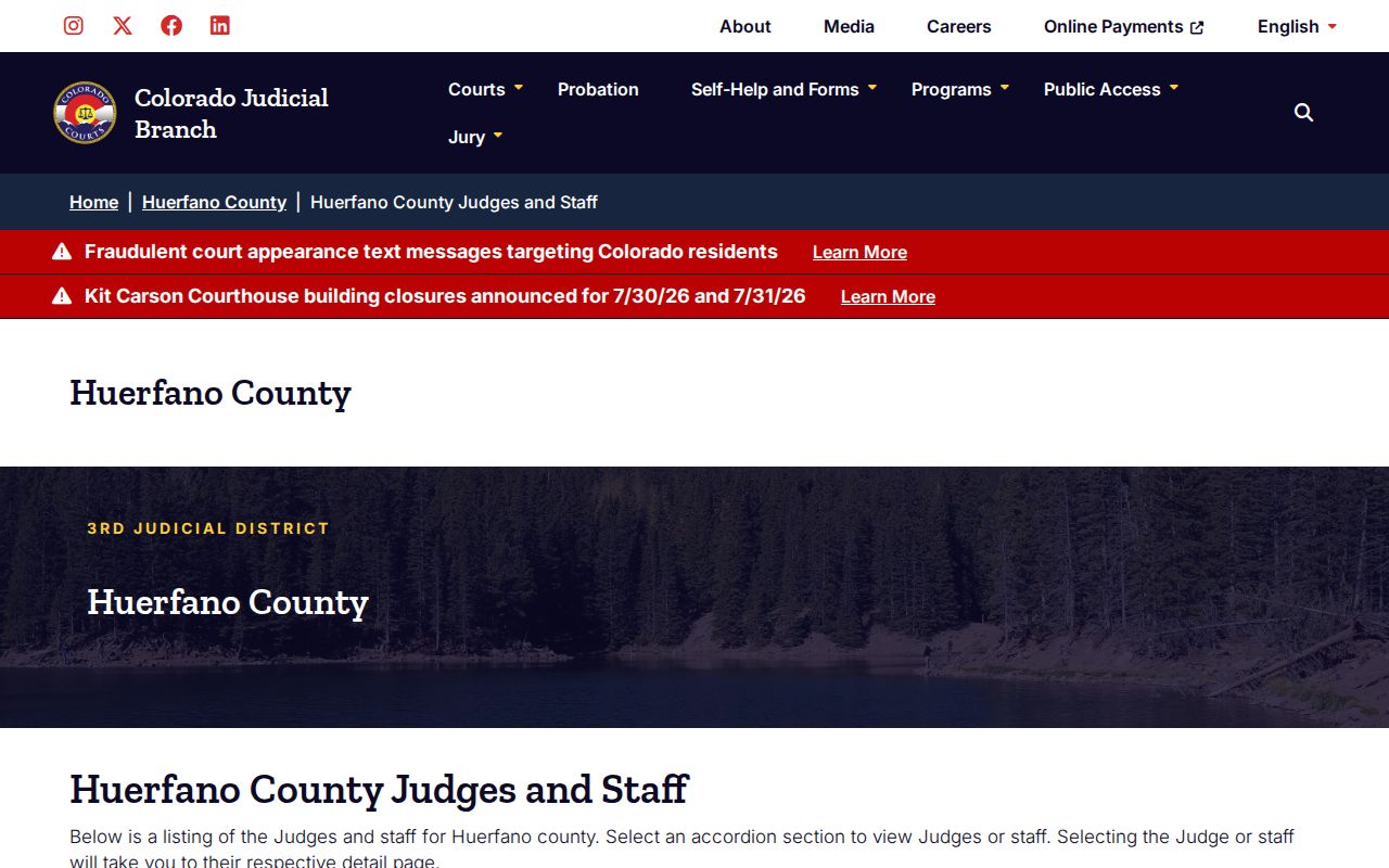 Huerfano County criminal court case judges and clerk page