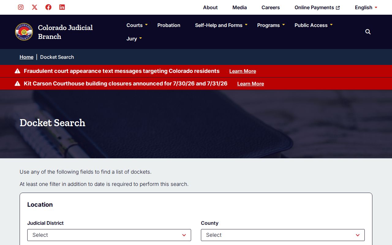 Huerfano County criminal court case docket search interface