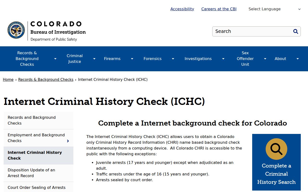 Huerfano County criminal history CBI scope page